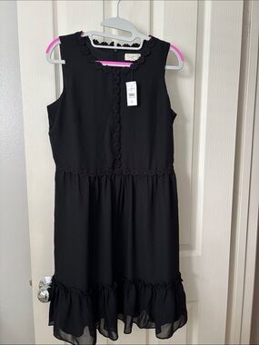 LOFT Black Sleeveless Ruffle-Hem Lace-Trim Dress
